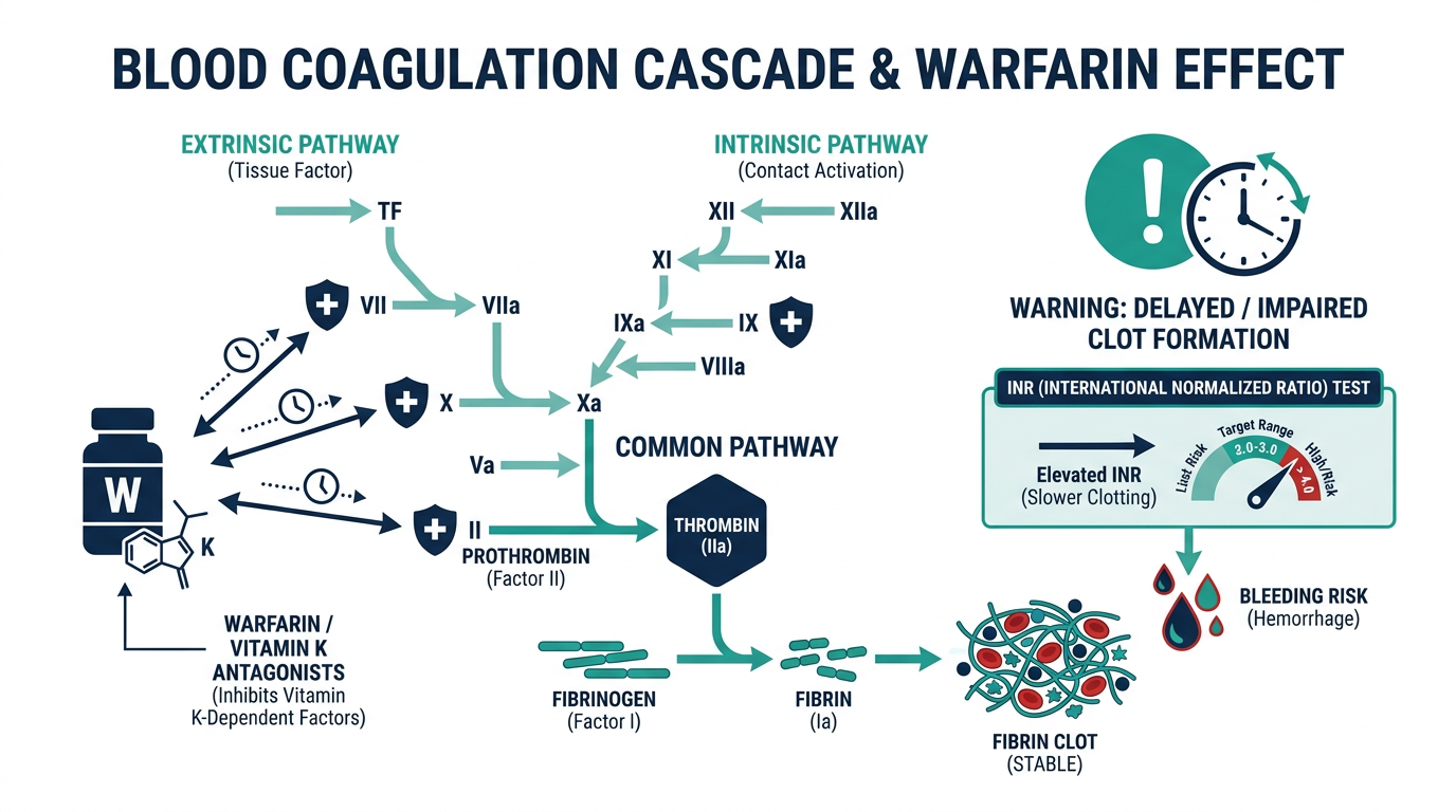 Diagram of the blood coagulation cascade showing impaired clot formation and bleeding risk associated with a high INR