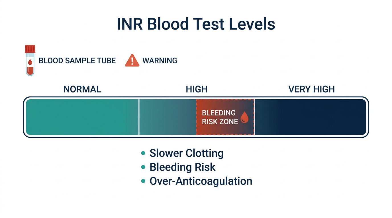 Schematic chart showing normal, high, and very high INR blood test reference bands with bleeding risk zone