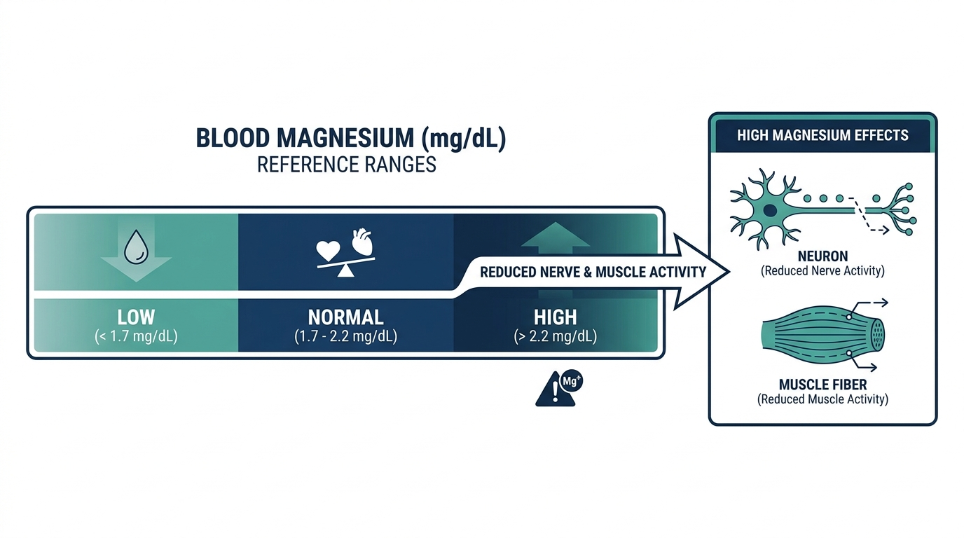 Chart showing low, normal, and high magnesium reference bands next to icons representing reduced nerve and muscle activity from high magnesium