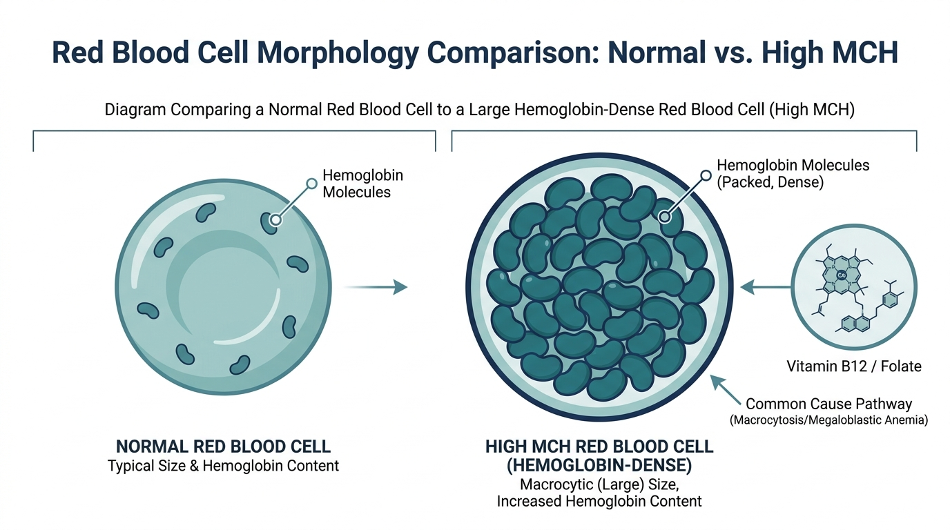 Diagram comparing a normal red blood cell to a larger hemoglobin-dense red blood cell seen with high MCH