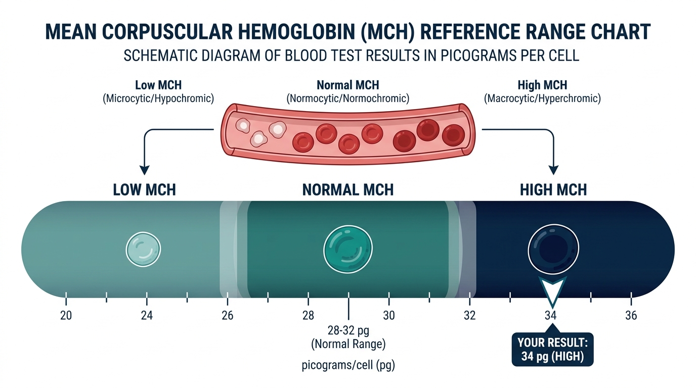 Reference range chart showing low, normal, and high bands for Mean Corpuscular Hemoglobin, with pointer at high band