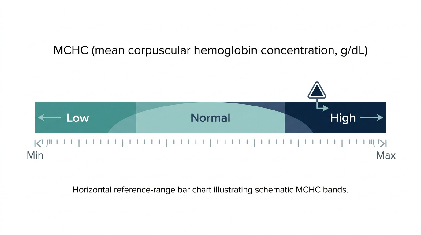 Schematic reference-range chart for MCHC levels showing Low, Normal, and High bands