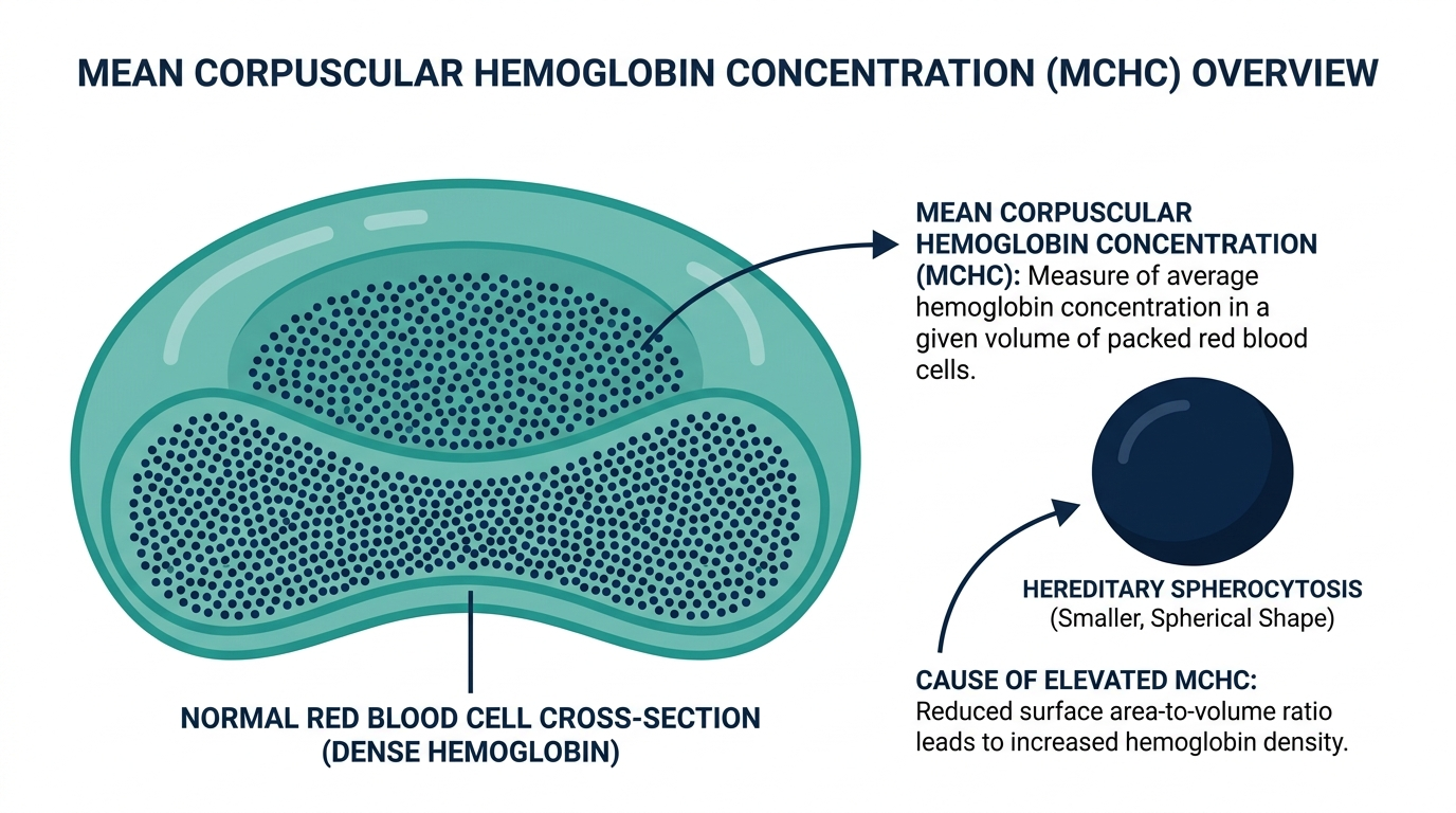 Diagram of a red blood cell cross-section with densely packed hemoglobin illustrating MCHC, compared with a spherical red blood cell linked to hereditary spherocytosis