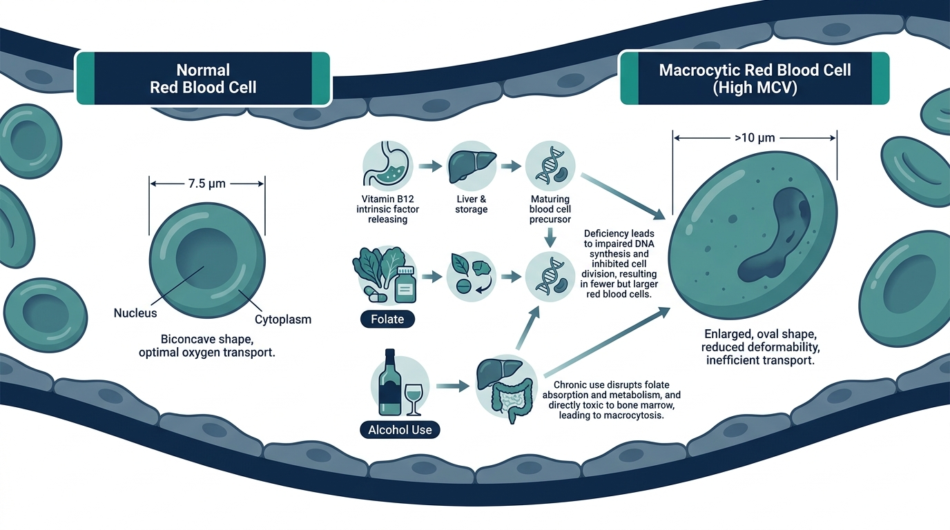 Diagram comparing a normal red blood cell to an enlarged macrocytic red blood cell seen with high MCV