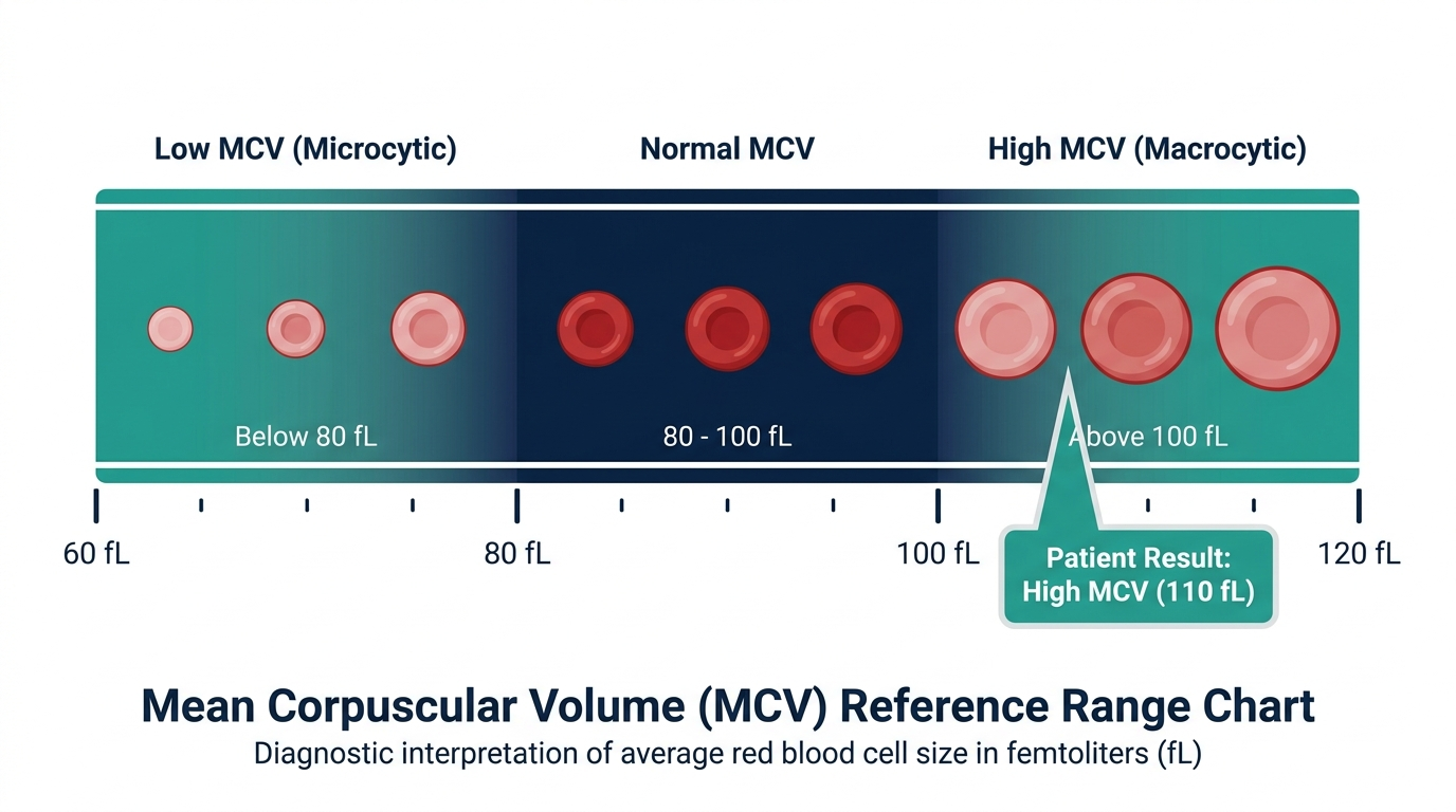 Reference range chart showing low, normal, and high bands for Mean Corpuscular Volume, with pointer at high band