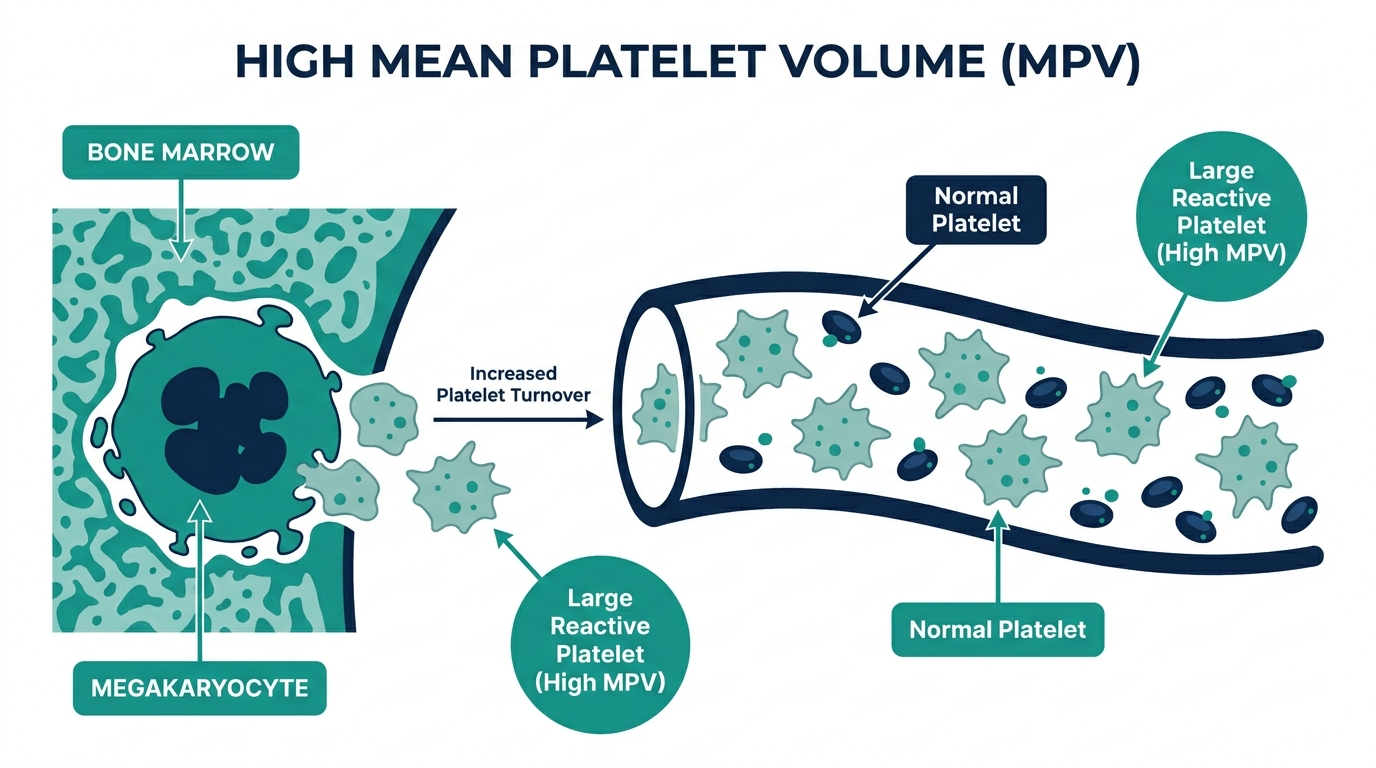 Diagram showing large reactive platelets from increased bone marrow turnover compared to normal-sized platelets