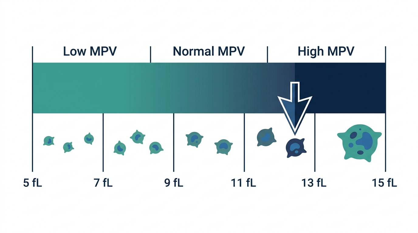 Reference range chart showing low, normal, and high bands for Mean Platelet Volume, with pointer at high band