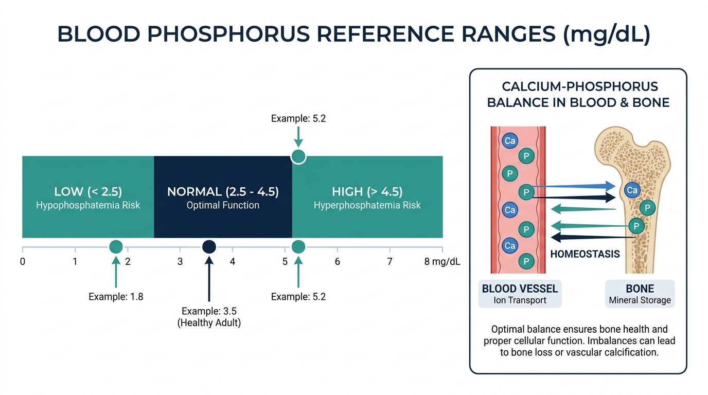 Chart showing low, normal, and high phosphorus reference bands next to a diagram of calcium-phosphorus balance affecting blood vessels and bone