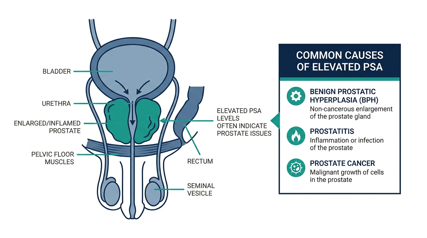 Cross-section diagram of the male pelvis showing the prostate gland and common causes of elevated PSA such as BPH and prostatitis