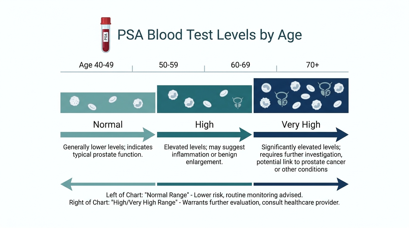 Schematic chart showing normal, high, and very high PSA blood test reference bands by age