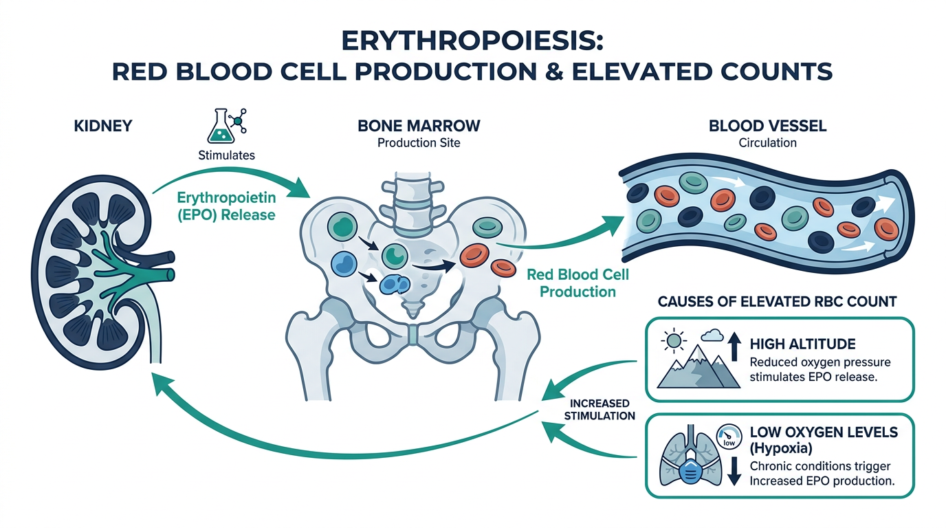 Diagram of red blood cell production in bone marrow stimulated by erythropoietin from the kidneys, with high altitude and low oxygen as causes of elevated red blood cell count