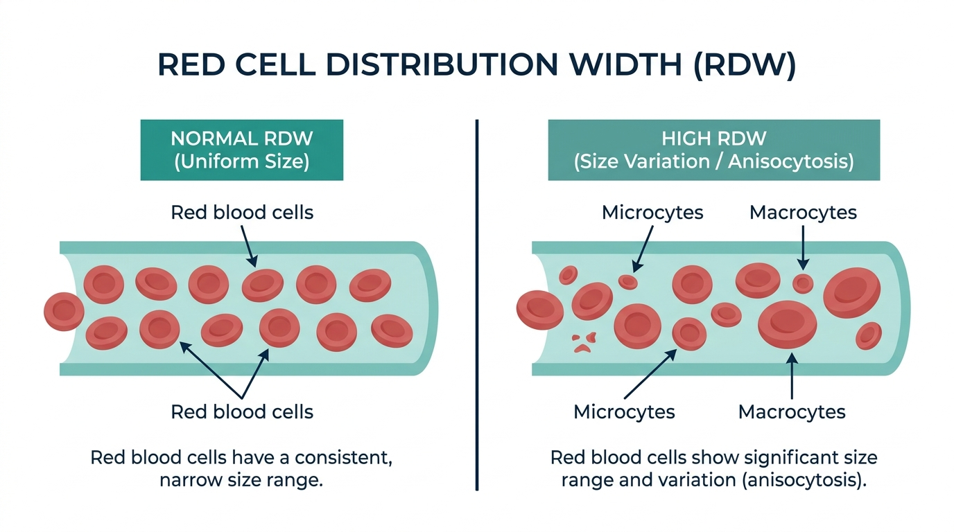 Diagram comparing uniform-sized red blood cells with normal RDW to mixed-size red blood cells with high RDW