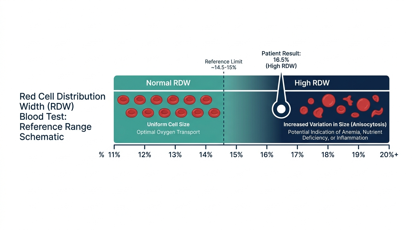 Reference range chart showing normal and high bands for Red Cell Distribution Width (RDW)