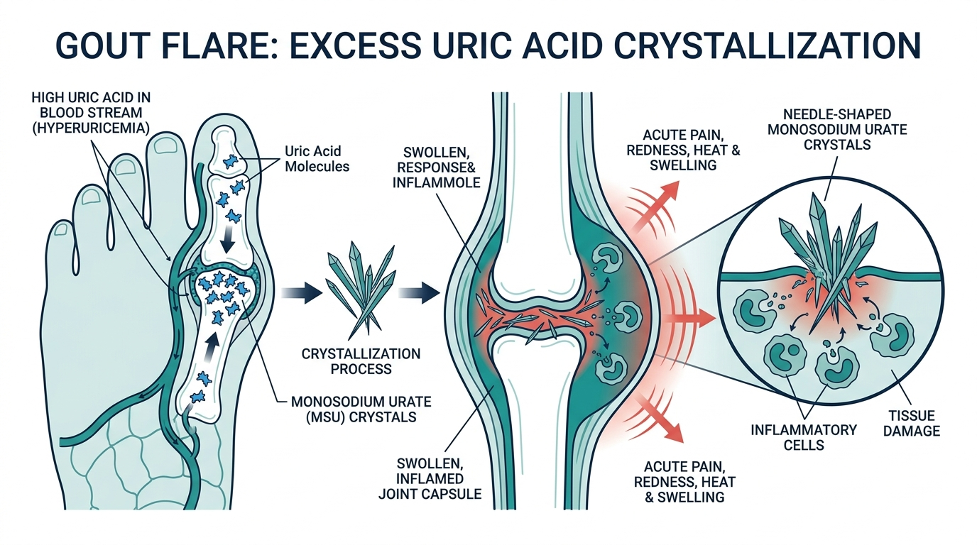 Diagram of needle-shaped uric acid crystals depositing in a swollen, inflamed big toe joint during a gout flare