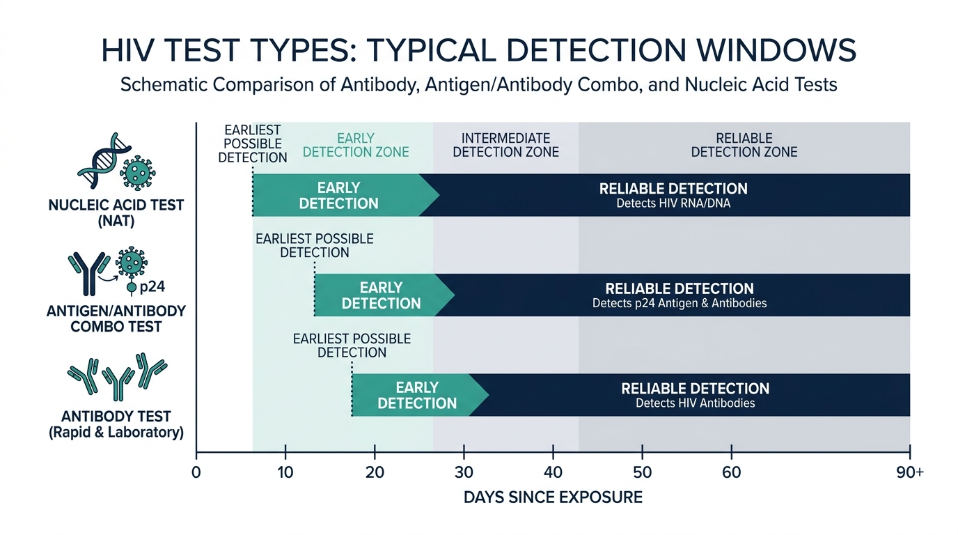 Schematic chart comparing detection windows of antibody, antigen/antibody, and nucleic acid HIV tests