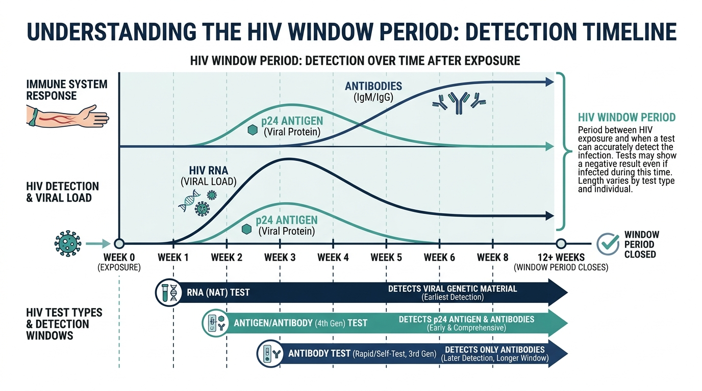 Diagram of the HIV window period showing antigen, RNA, and antibody detection over time after exposure