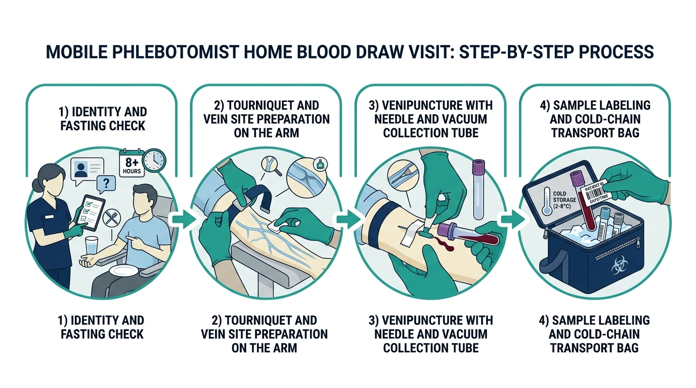 Four-step diagram of a mobile phlebotomist home blood draw visit from identity check to sample transport