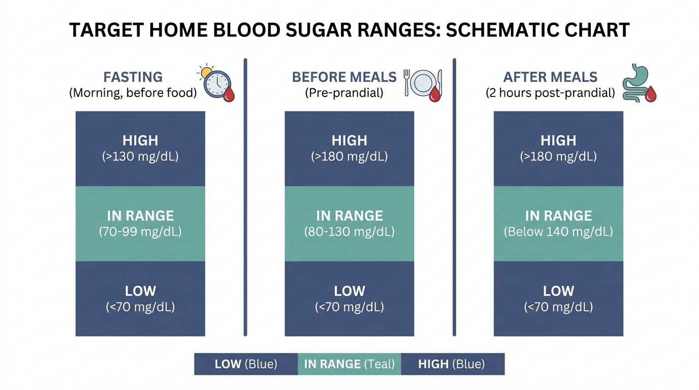 Schematic chart of target blood sugar ranges for fasting, before meals, and after meals showing low, in range, and high bands