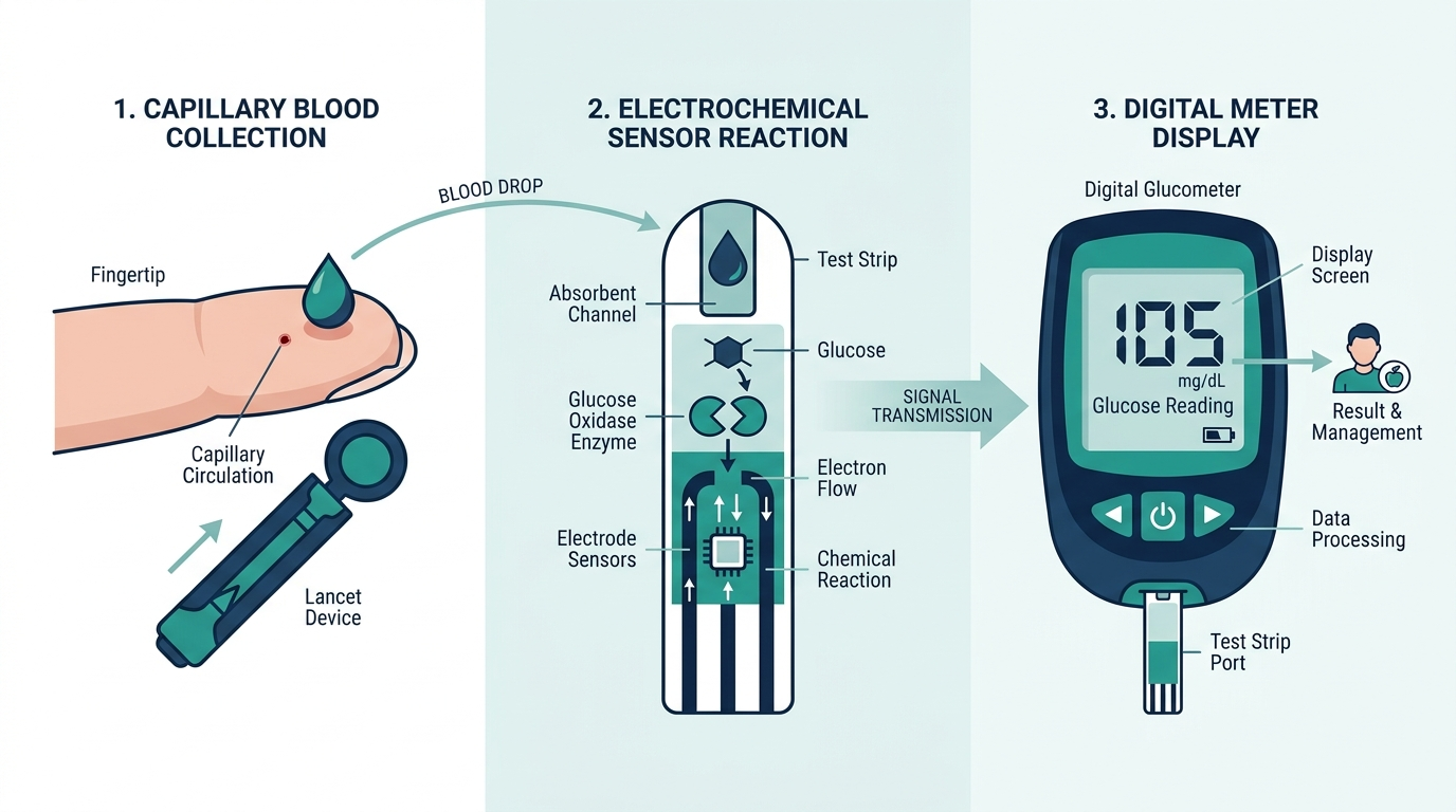 Diagram of how a home glucometer works from fingertip blood drop to test strip reaction to digital reading