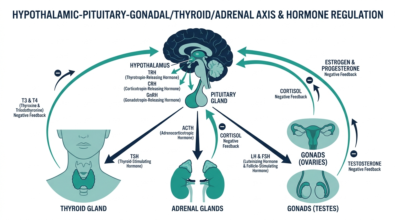 Diagram of the brain's hypothalamus and pituitary gland sending signals to the thyroid, adrenal glands, and gonads