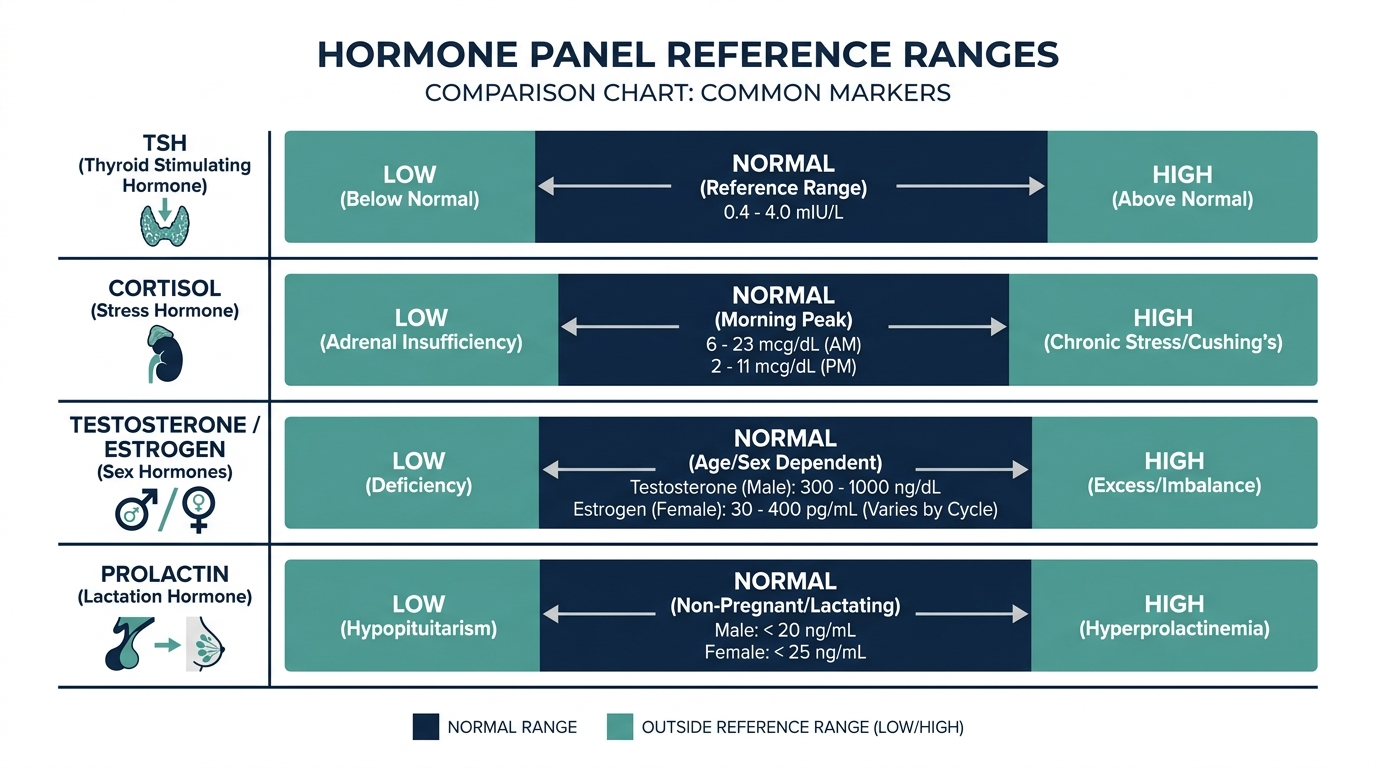 Comparison chart of reference-range bars for TSH, cortisol, testosterone or estrogen, and prolactin showing low, normal, and high bands
