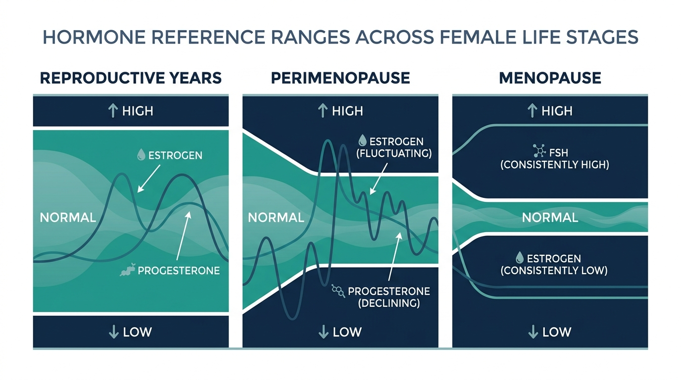 Schematic chart showing hormone reference ranges shifting across reproductive years, perimenopause, and menopause