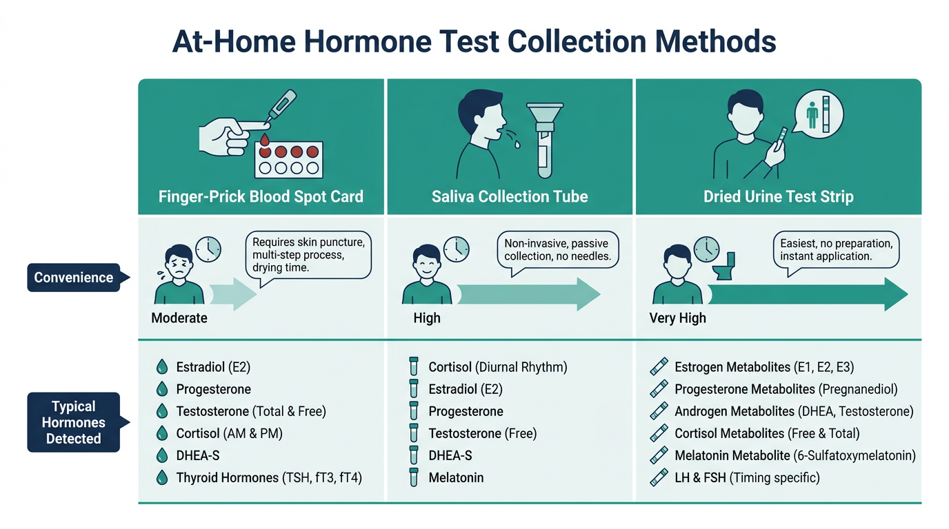 Comparison chart of blood spot, saliva, and dried urine hormone test collection methods
