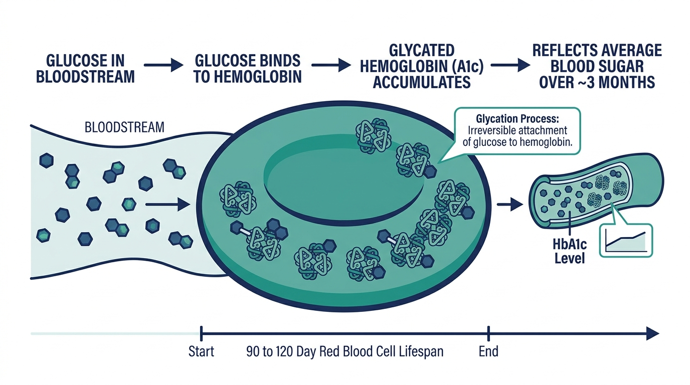 Diagram showing how hemoglobin A1c forms as glucose binds to hemoglobin inside red blood cells over their 90 to 120 day lifespan