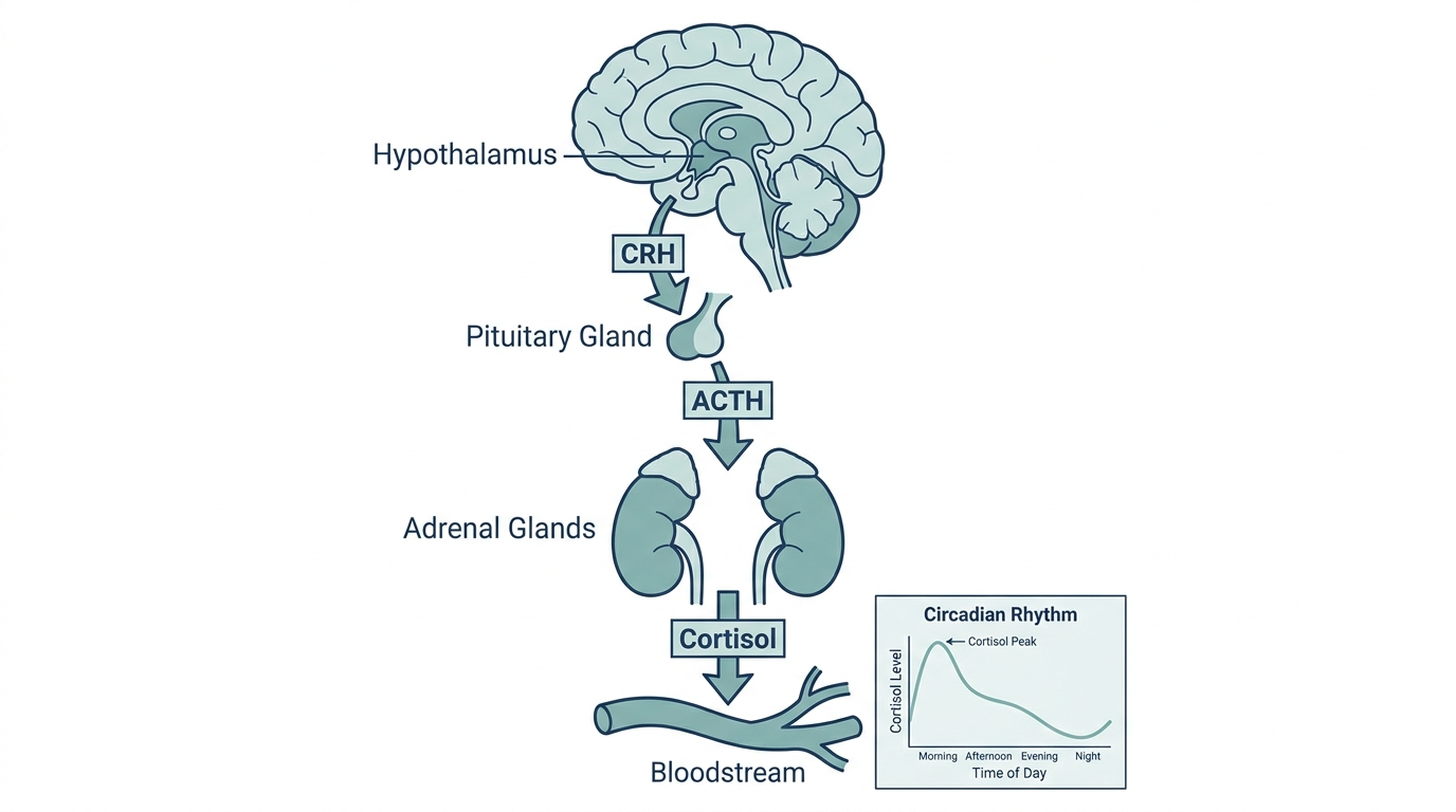 Diagram of the HPA axis showing the hypothalamus, pituitary gland, and adrenal glands producing cortisol, with an inset circadian rhythm curve