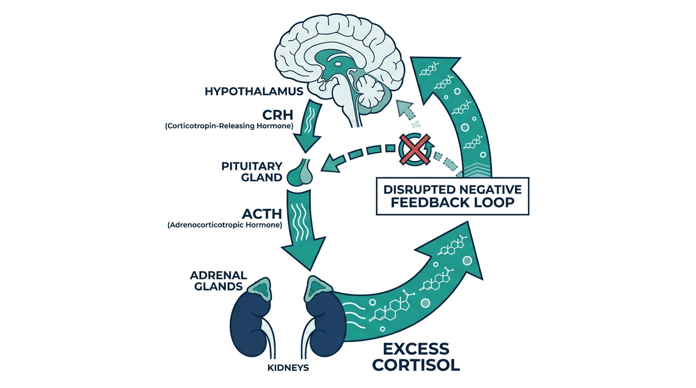 Diagram of the HPA axis showing overactive hypothalamus-pituitary-adrenal signaling driving excess cortisol production