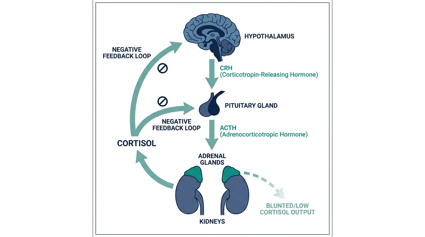 Diagram of the HPA axis showing hypothalamus, pituitary gland, and adrenal glands regulating cortisol production