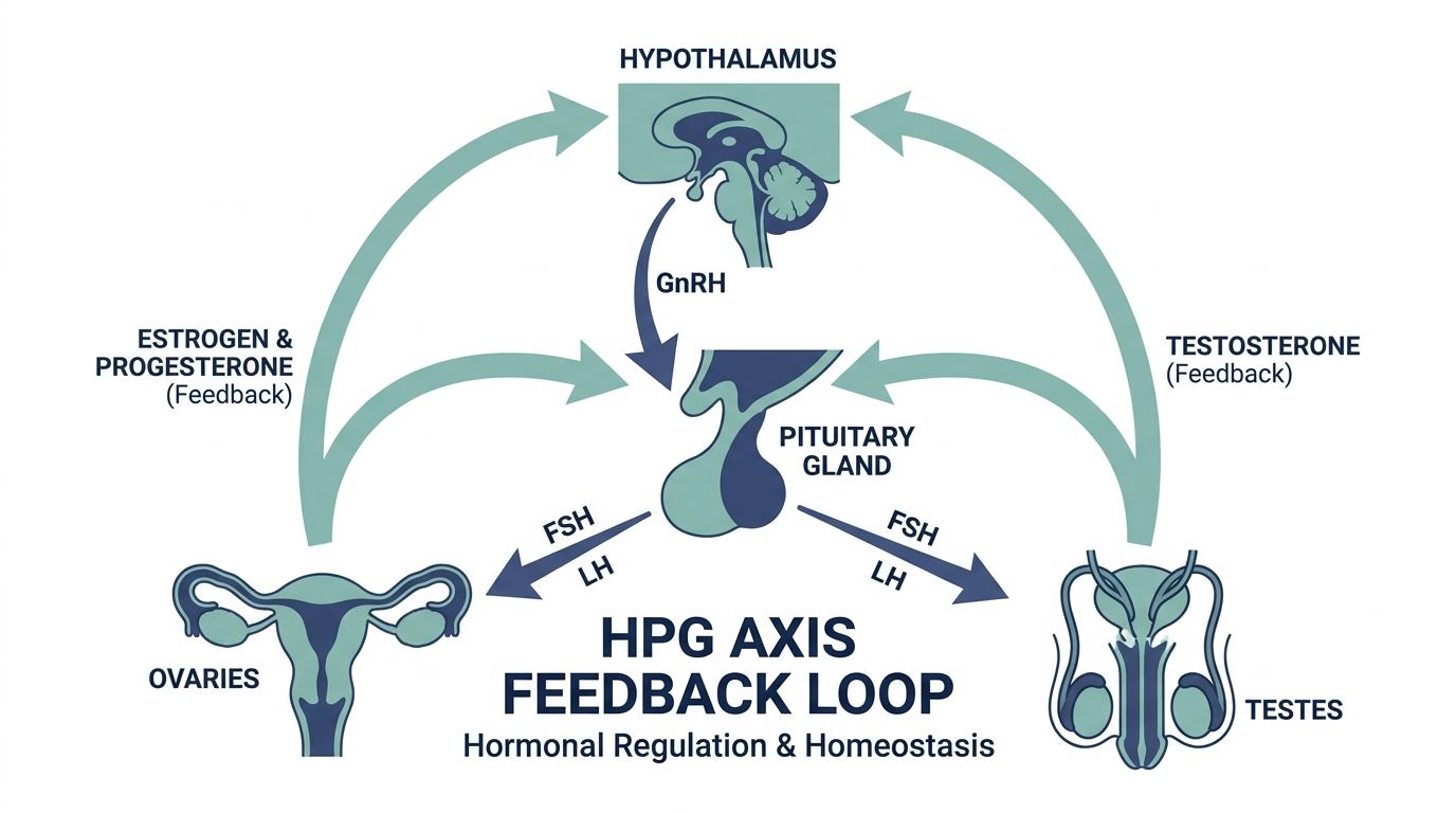 Diagram of the hypothalamic-pituitary-gonadal axis feedback loop regulating FSH release