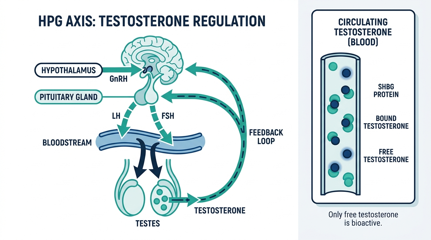 Diagram of the hypothalamic-pituitary-gonadal axis showing GnRH, LH, FSH, and testosterone production with SHBG binding