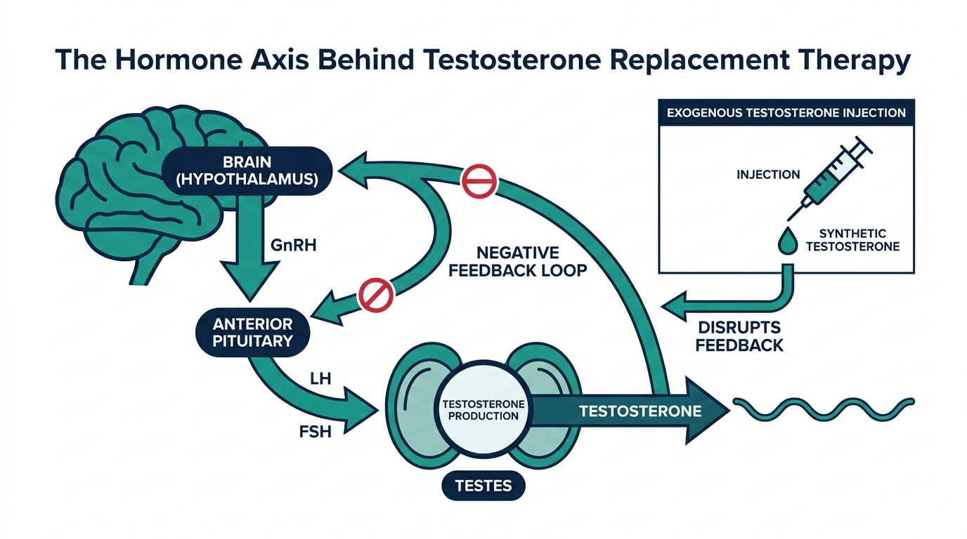 Diagram of the hypothalamic-pituitary-gonadal axis showing brain-to-testes testosterone signaling and an exogenous testosterone injection entering the loop