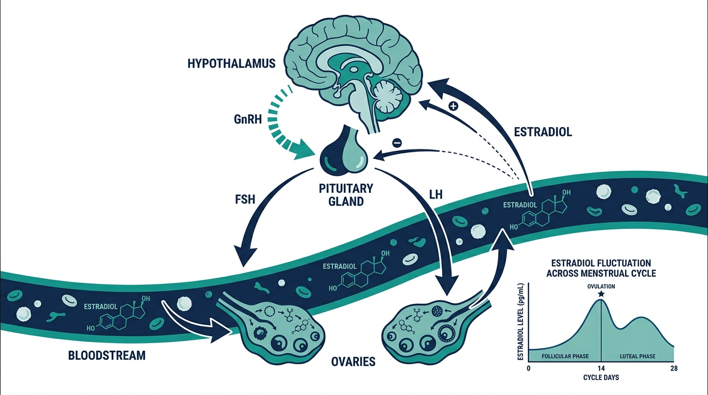 Diagram of the hypothalamic-pituitary-ovarian axis showing GnRH, FSH, LH, and ovarian estradiol production, with an inset of estrogen fluctuating across the menstrual cycle