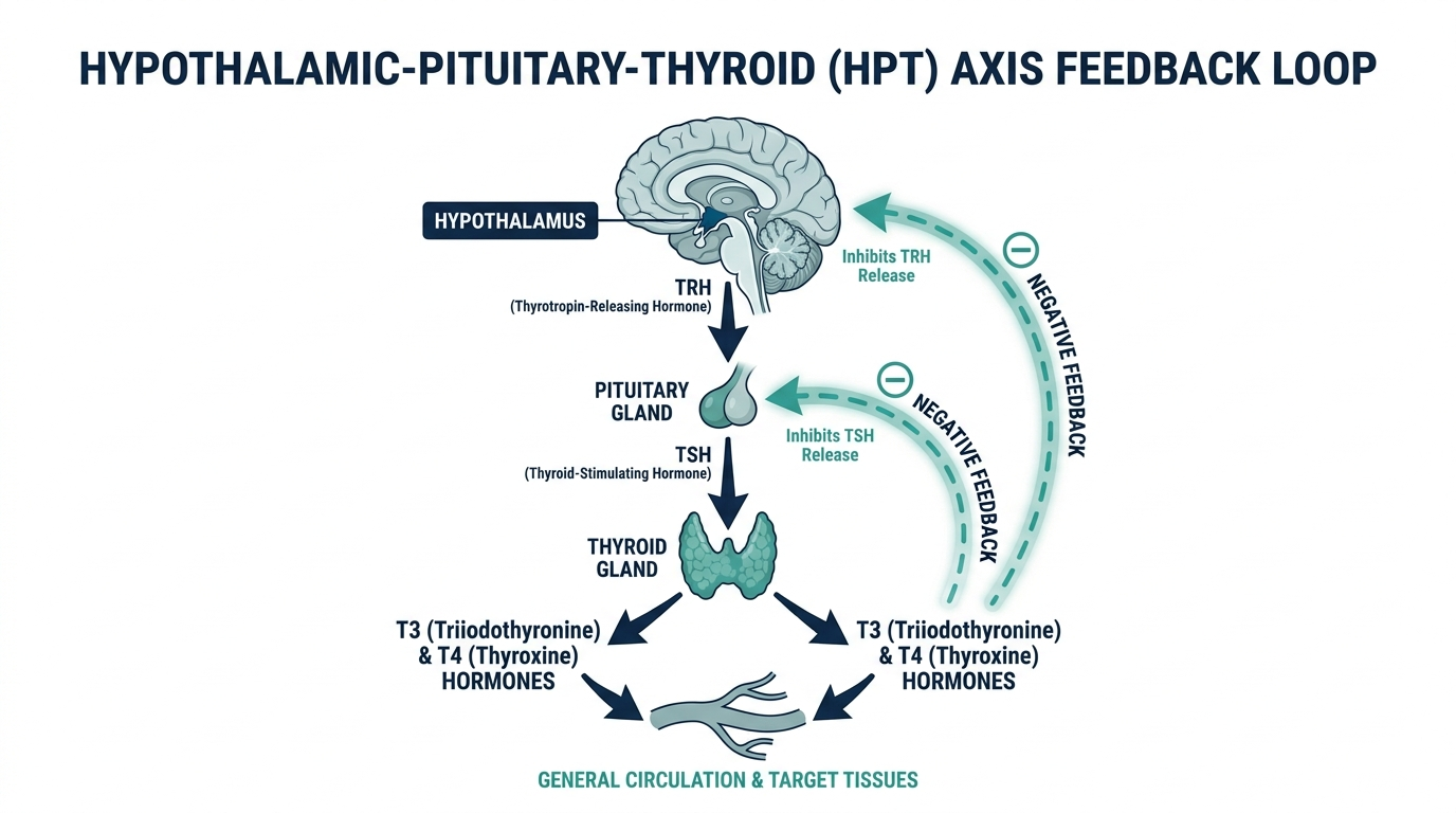 Diagram of the hypothalamic-pituitary-thyroid axis feedback loop showing TRH, TSH, and T3/T4 hormone signaling