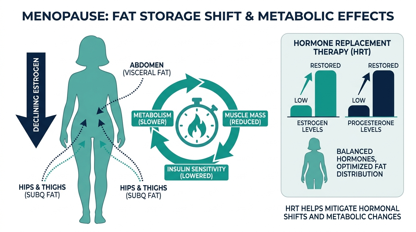Diagram of how declining estrogen shifts fat storage and how HRT restores hormone levels