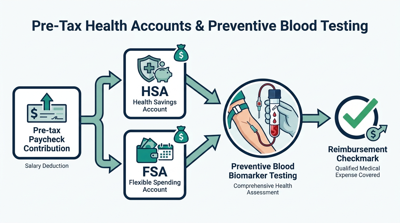 Flowchart showing pre-tax paycheck contributions moving into an HSA or FSA account and covering blood biomarker testing