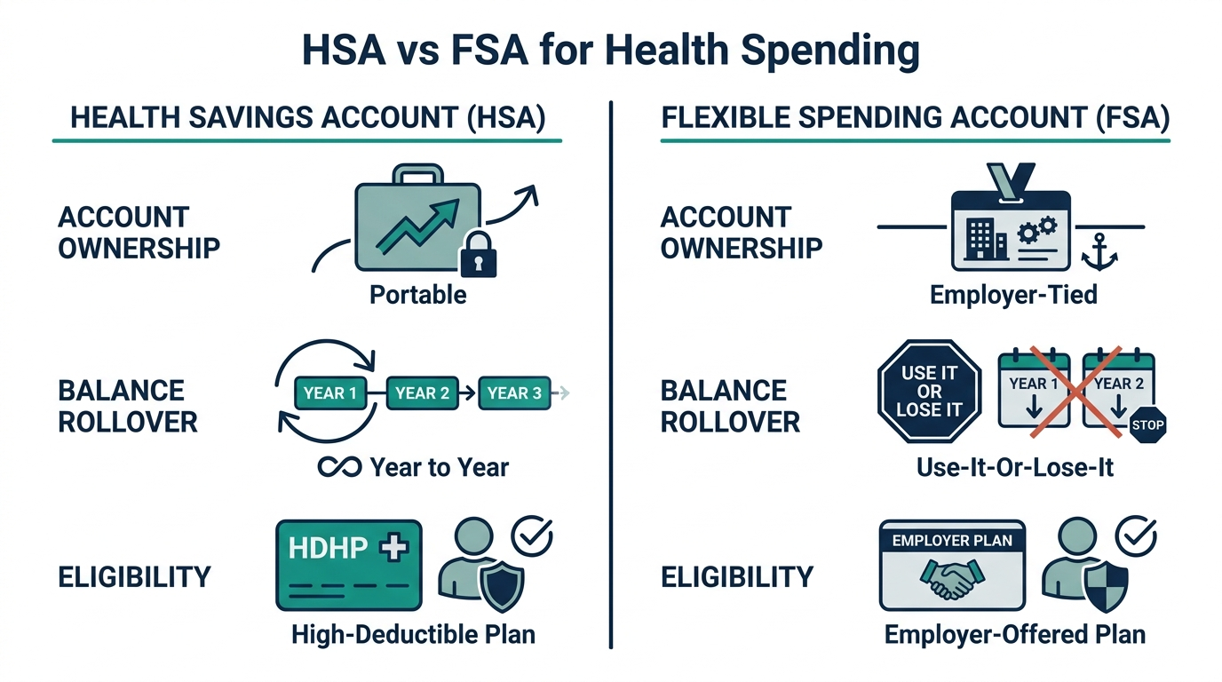 Schematic chart comparing HSA and FSA account ownership, balance rollover, and eligibility requirements