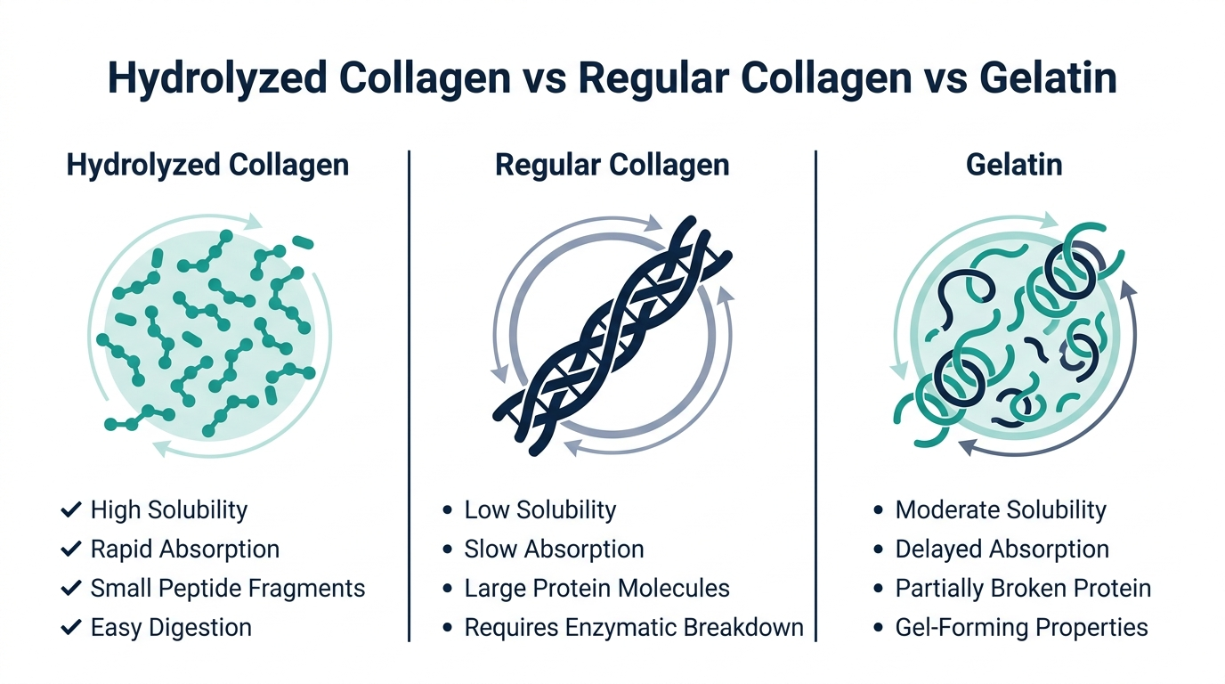 Comparison chart of hydrolyzed collagen, regular collagen, and gelatin by molecule size and solubility