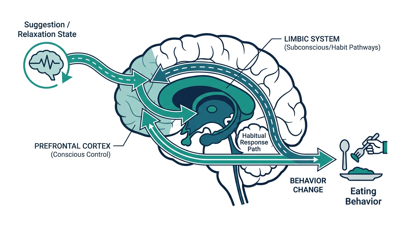 Brain diagram showing prefrontal cortex and limbic system pathways theorized to link hypnosis suggestion to eating behavior change