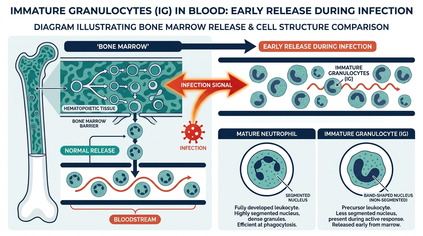 Diagram showing bone marrow releasing immature granulocytes into the bloodstream early during infection, compared to a mature neutrophil