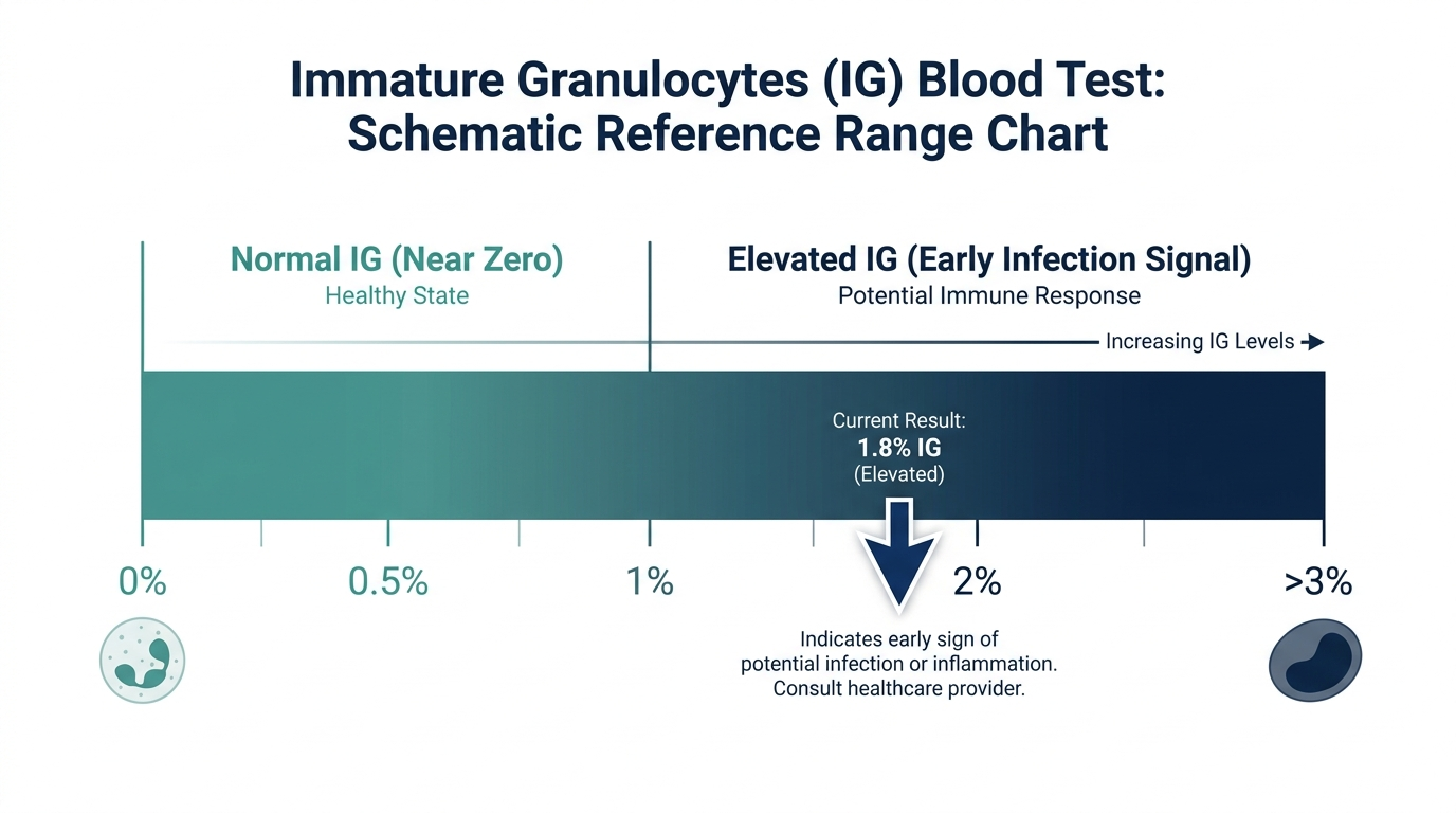 Reference range chart showing normal near-zero and elevated bands for Immature Granulocytes (IG) blood test