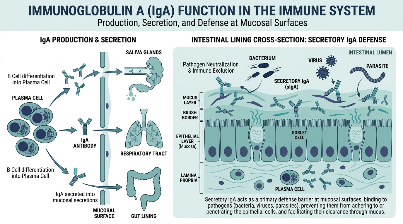 Diagram of IgA antibodies protecting mucosal surfaces such as the gut lining and respiratory tract
