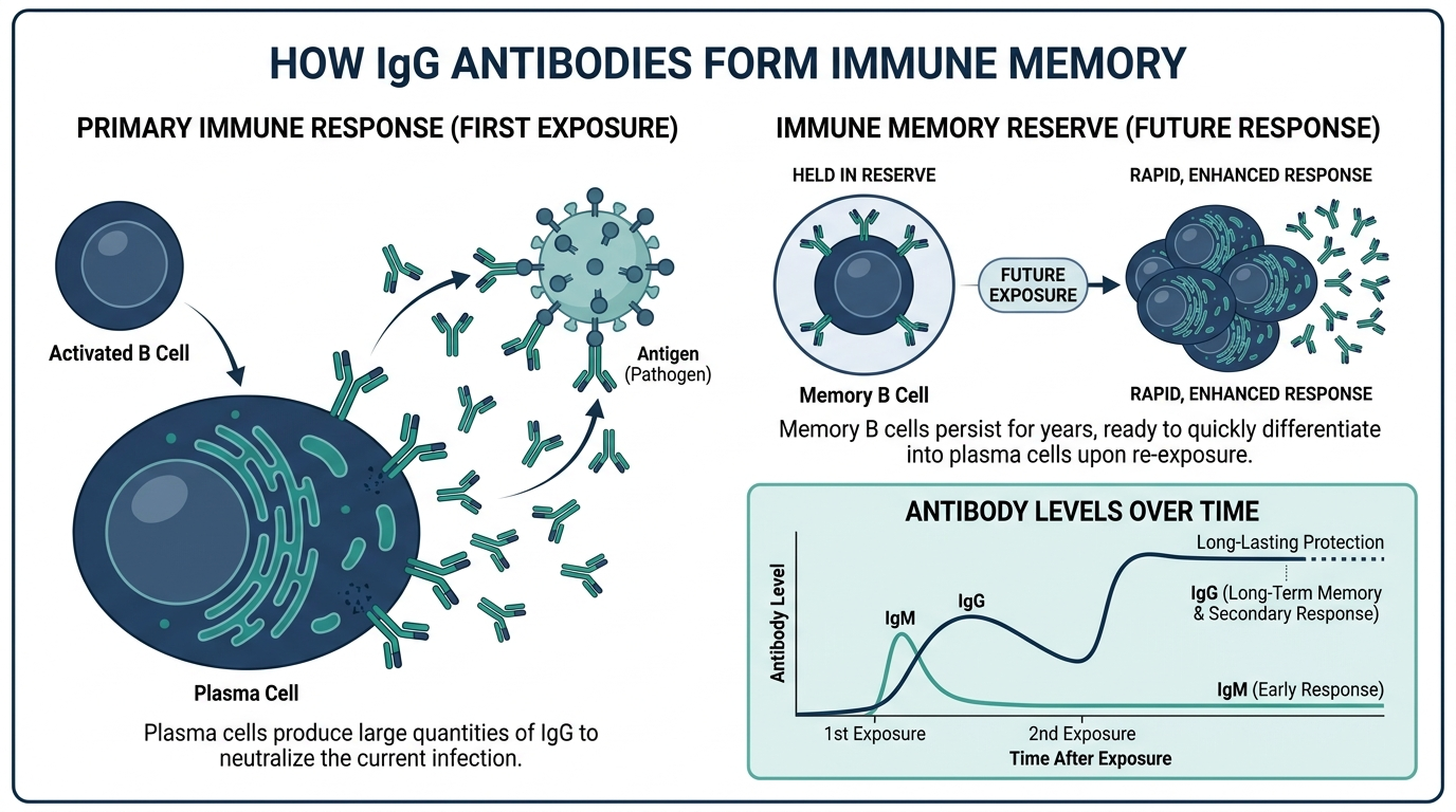 Diagram of a plasma cell producing IgG antibodies and a memory B cell, with a graph comparing IgM and IgG response over time