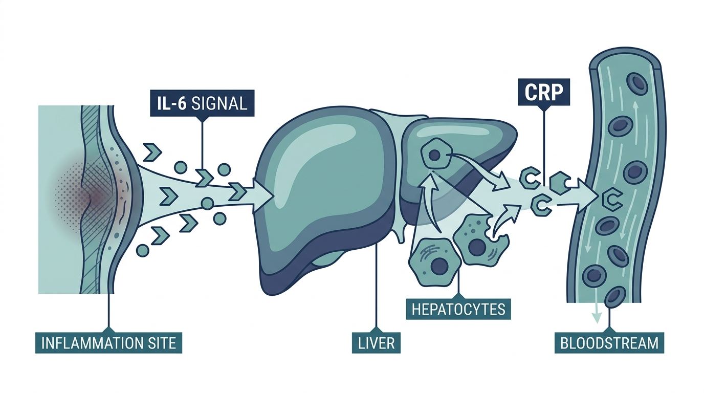 Diagram of the inflammation to CRP pathway showing tissue inflammation, IL-6 signaling to the liver, and CRP release into the bloodstream