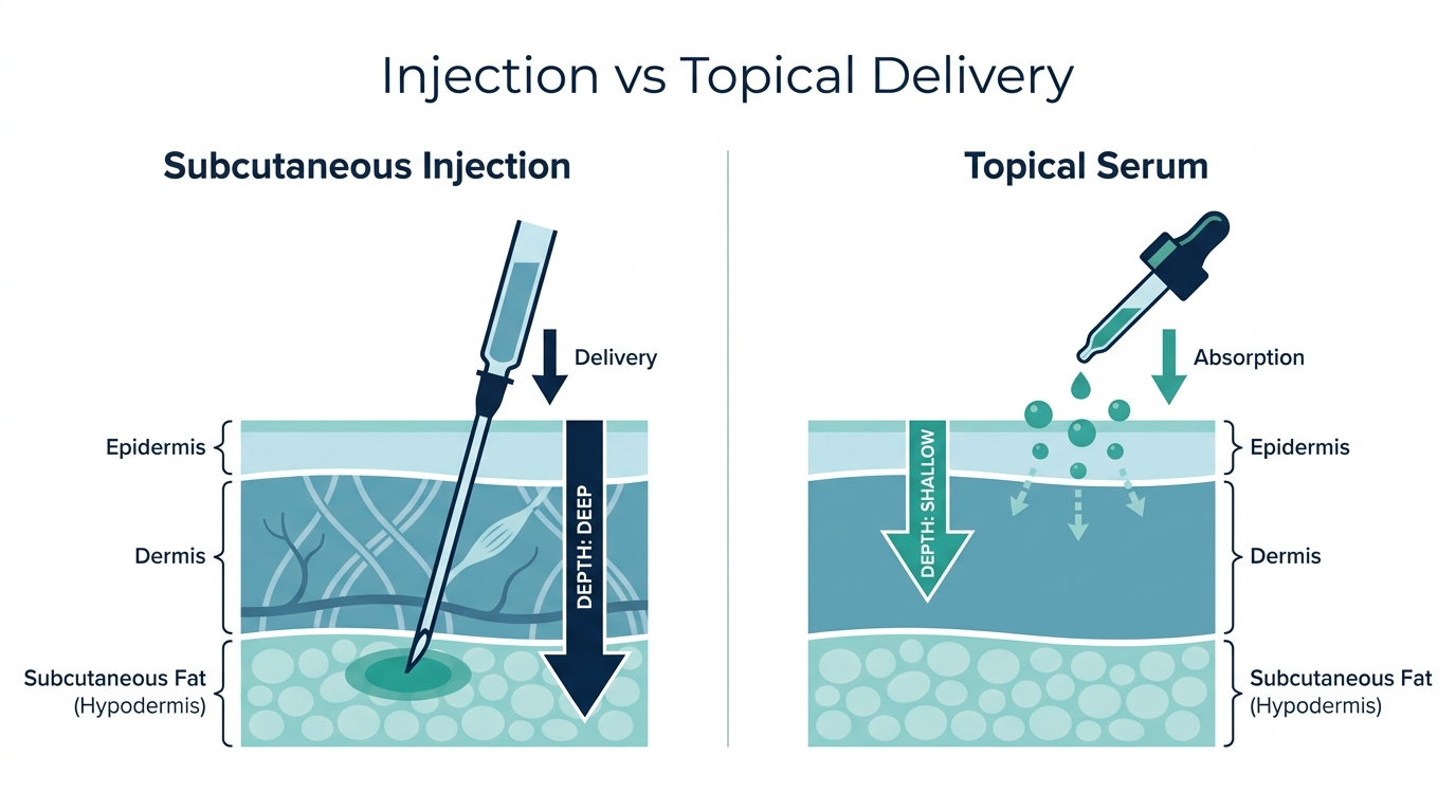 Cross-section diagram comparing skin depth reached by a subcutaneous injection versus a topical serum