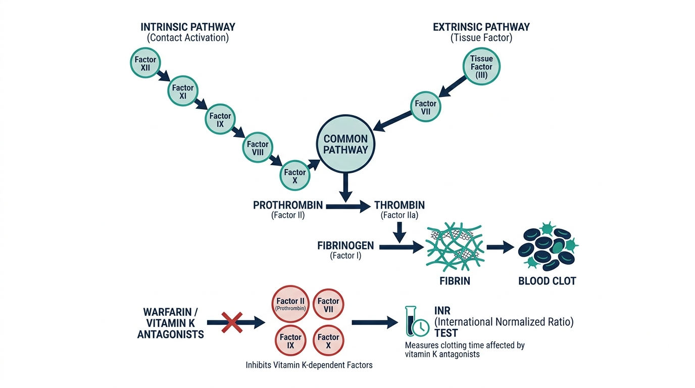 Diagram of the blood coagulation cascade showing clotting factors, thrombin, fibrin clot formation, and where warfarin acts