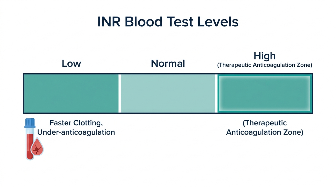 Schematic chart showing low, normal, and high INR blood test reference bands