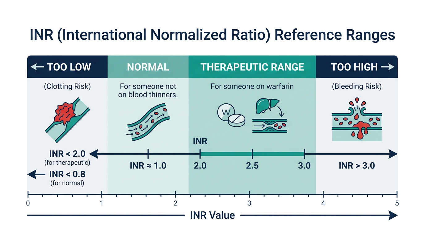 INR reference range chart showing too low, normal, therapeutic warfarin range, and too high bands